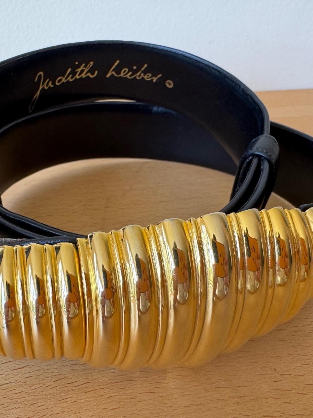 Vintage Judith Leiber Wide Black Leather Belt Ribbed Gold Tone Hinged Adjustable